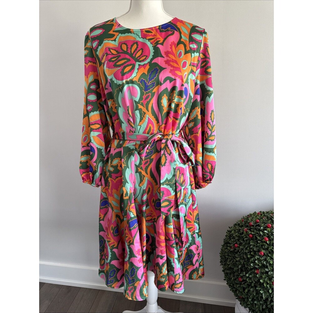 Sugarlips Floral Colorful A-Line Short Dress Tie Waist Puff Sleeve Sz 2X